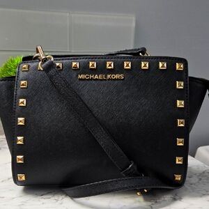 Michael Kors Black And Gold Crossbody Purse With Gold Studded Hardware